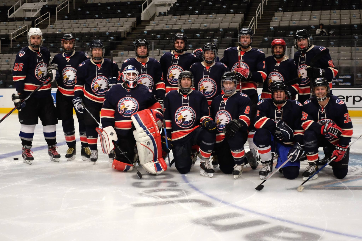 Billy Ramirez (goalie, front and center) pictured with his Team America ice hockey teammates at SAP Center in San Jose, California.